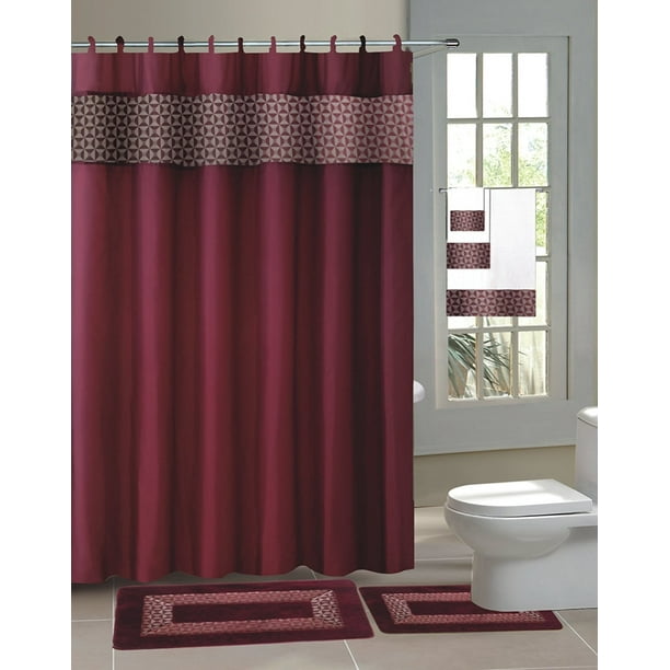 Bathroom Mat Set Shower Curtain Liner Red Rose Waterproof Fabric Valentine's Day